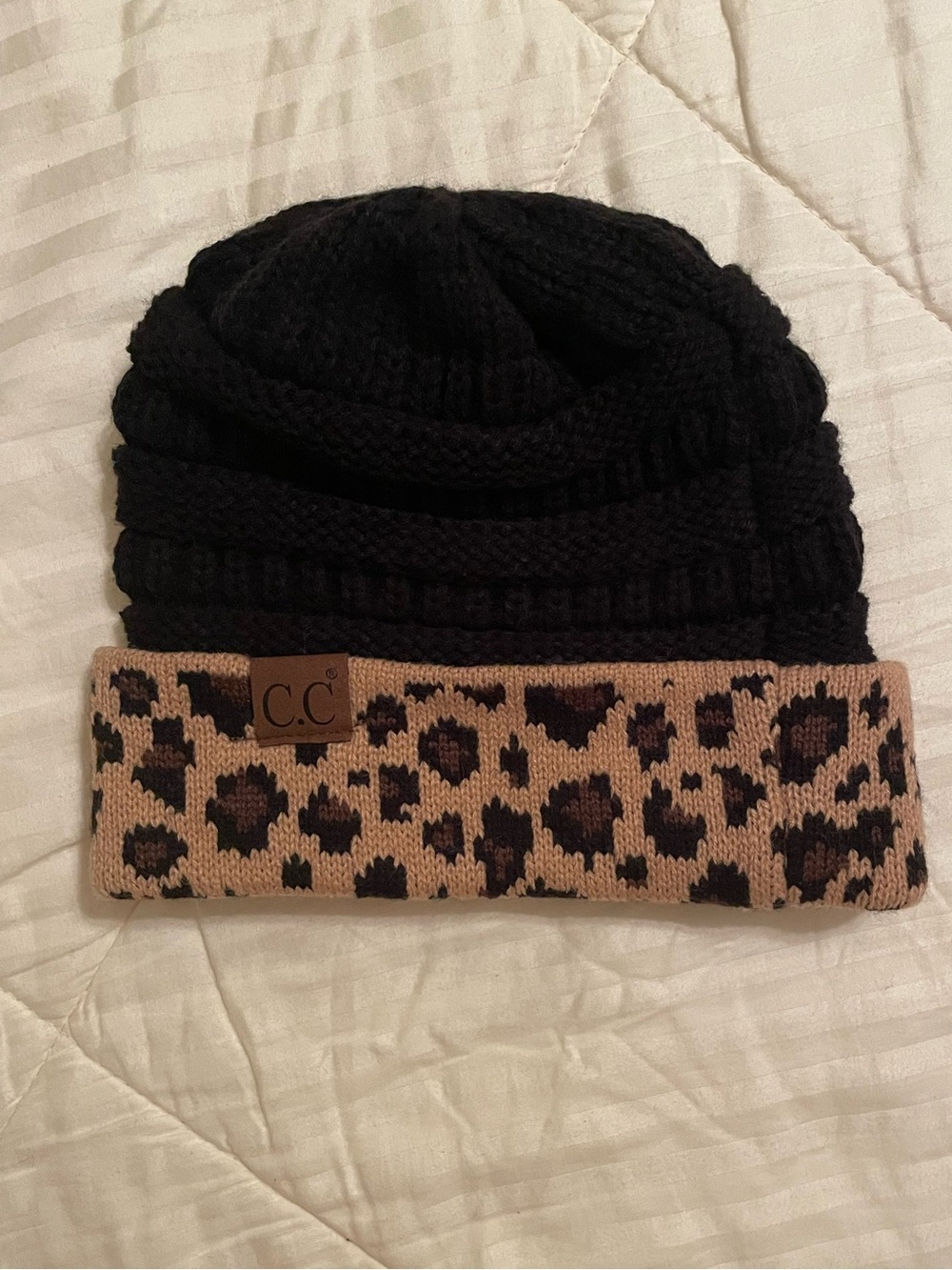 C.C Black Beanie with Tan Leopard Cuff